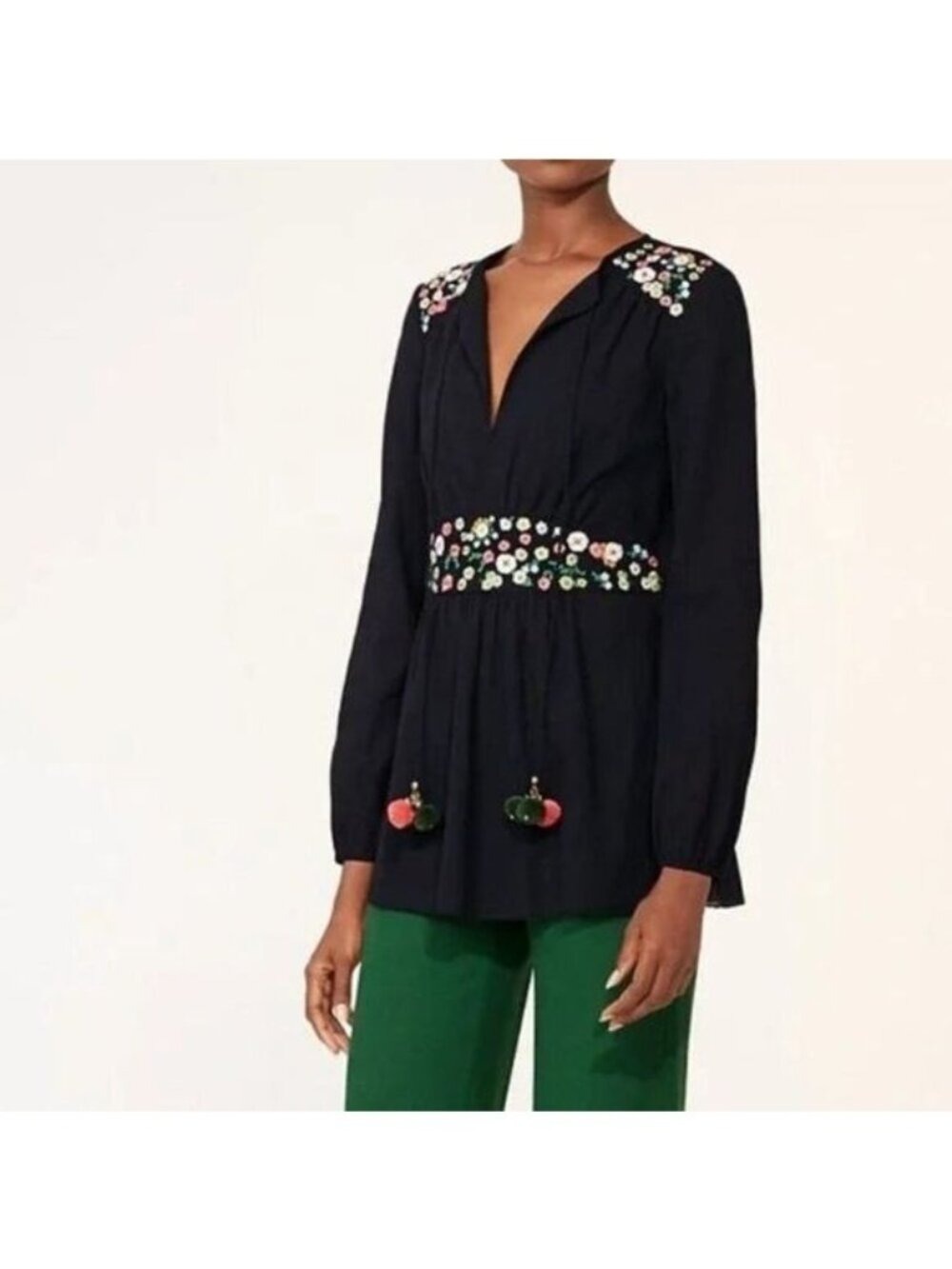 Tory Burch Black Floral Embroidered Top with Pom Pom Detail 4